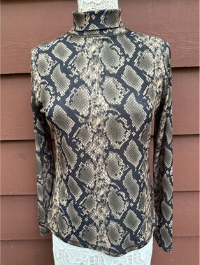 Suncoo Paris Snakeskin Print Turtleneck Top Y2K Mesh Long Sleeve Fitted Stretch